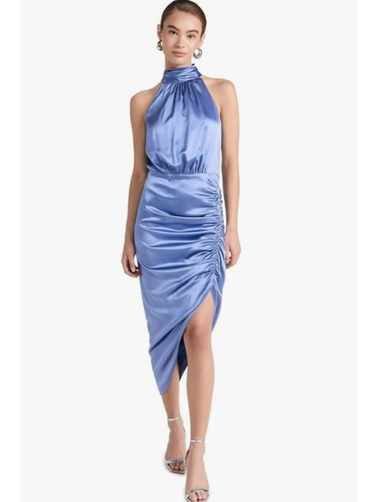 Veronica Beard Steel Blue Silk Satin Gabriela Halter Tie Dress, Size 14 Nwt $648
